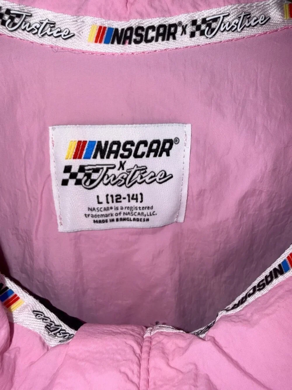 NASCAR X Justice Girls Pink Black White Racing Windbreaker Jacket L 12-14